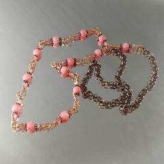 24 inches Wire Wrapped Peach Mother Of Pearl Crystal Gemstone Necklace