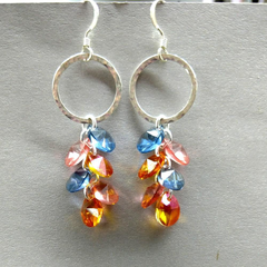 Hammered Circle Multi Crystal Color Drop Dangle Earrings