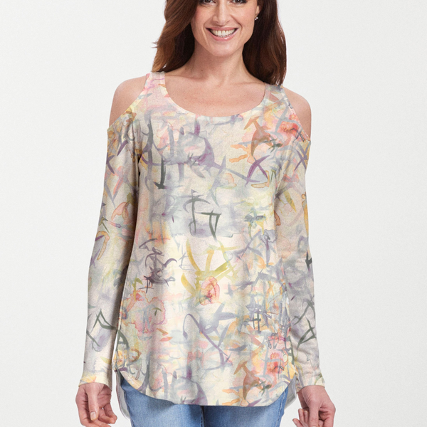 Floral Strokes Beige (7666) ~ Cold Shoulder Tunic