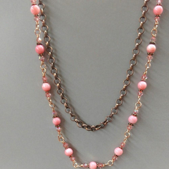 24 inches Wire Wrapped Peach Mother Of Pearl Crystal Gemstone Necklace