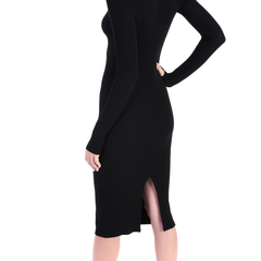 Modal Long Sleeve V Neck Dress - Black
