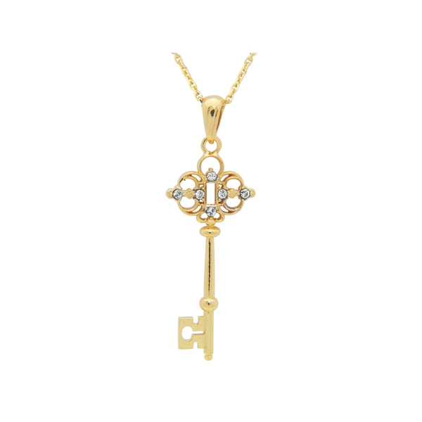 18k Gold Plated Sterling Silver Victorian Key Pendant Necklace 17" Adjustable
